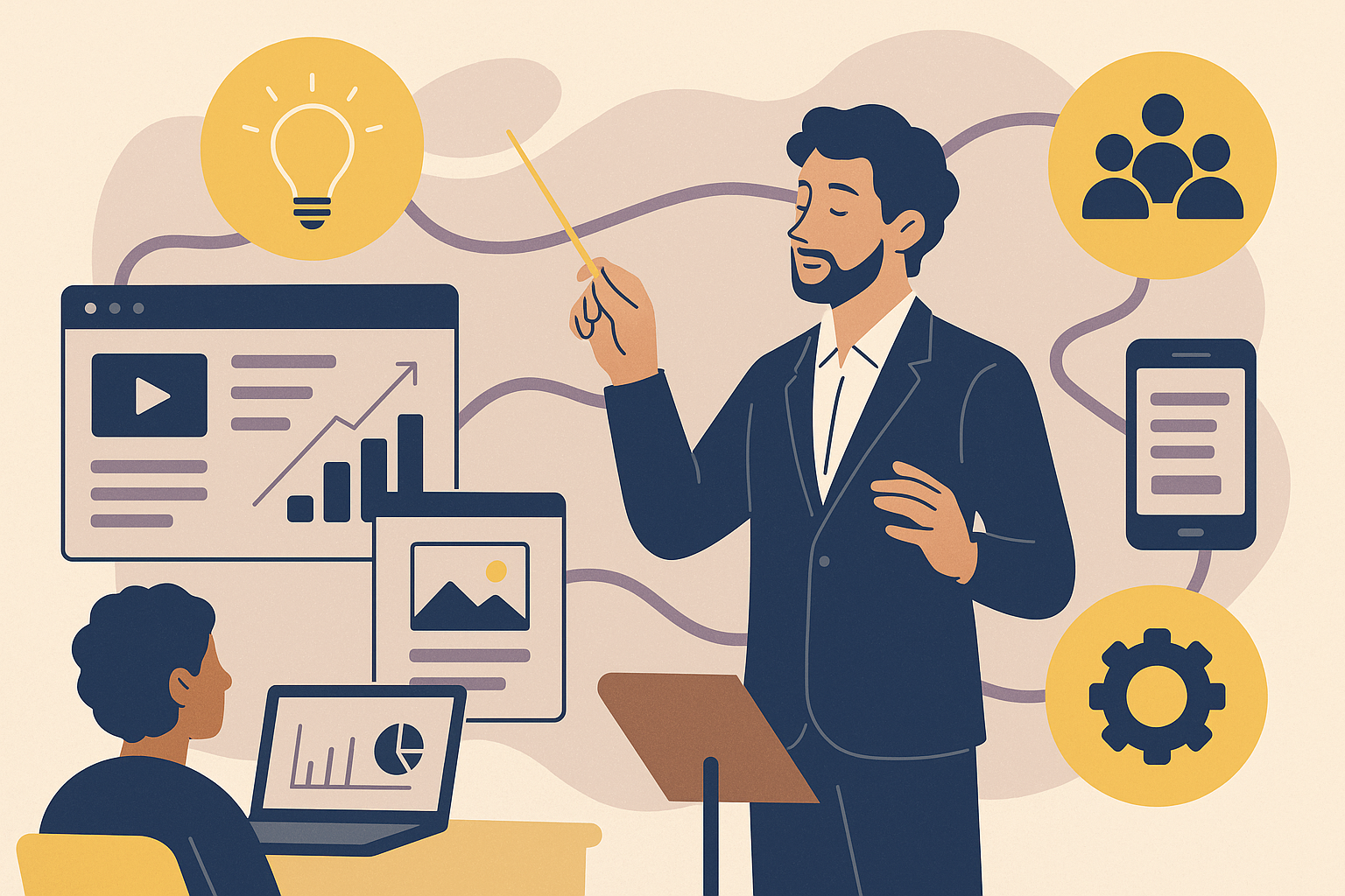 Online Business Manager (OBM) – Chef d’orchestre numérique pour entrepreneurs créatifs Illustration conceptuelle d’un Online Business Manager en chef d’orchestre numérique, harmonisant équipe, outils et projets dans un style moderne et minimaliste.
