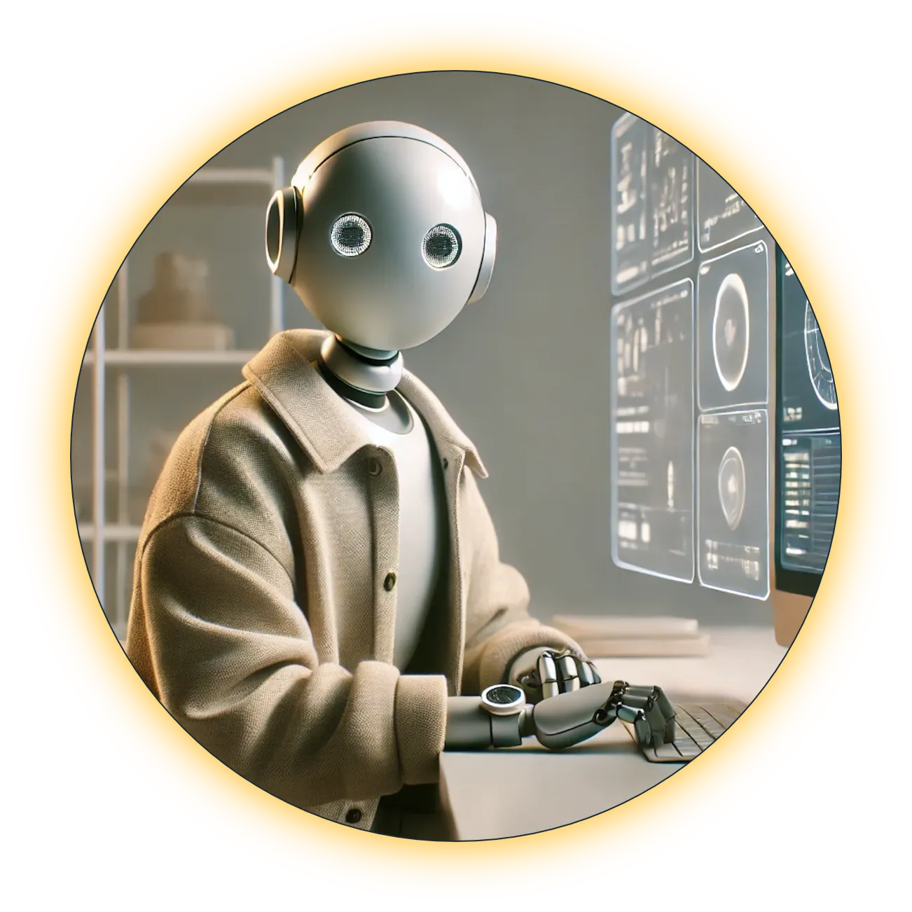 Agent-IA-V2 Agent IA humanoïde élégant devant une interface, symbolisant Sir Mador : majordome numérique éthique, compagnon des entrepreneur·es sensibles.
