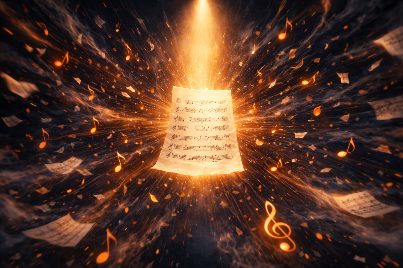 Notes musicales chaotiques convergeant vers partition centrale claire – métaphore cacophonie business vers harmonie entrepreneur