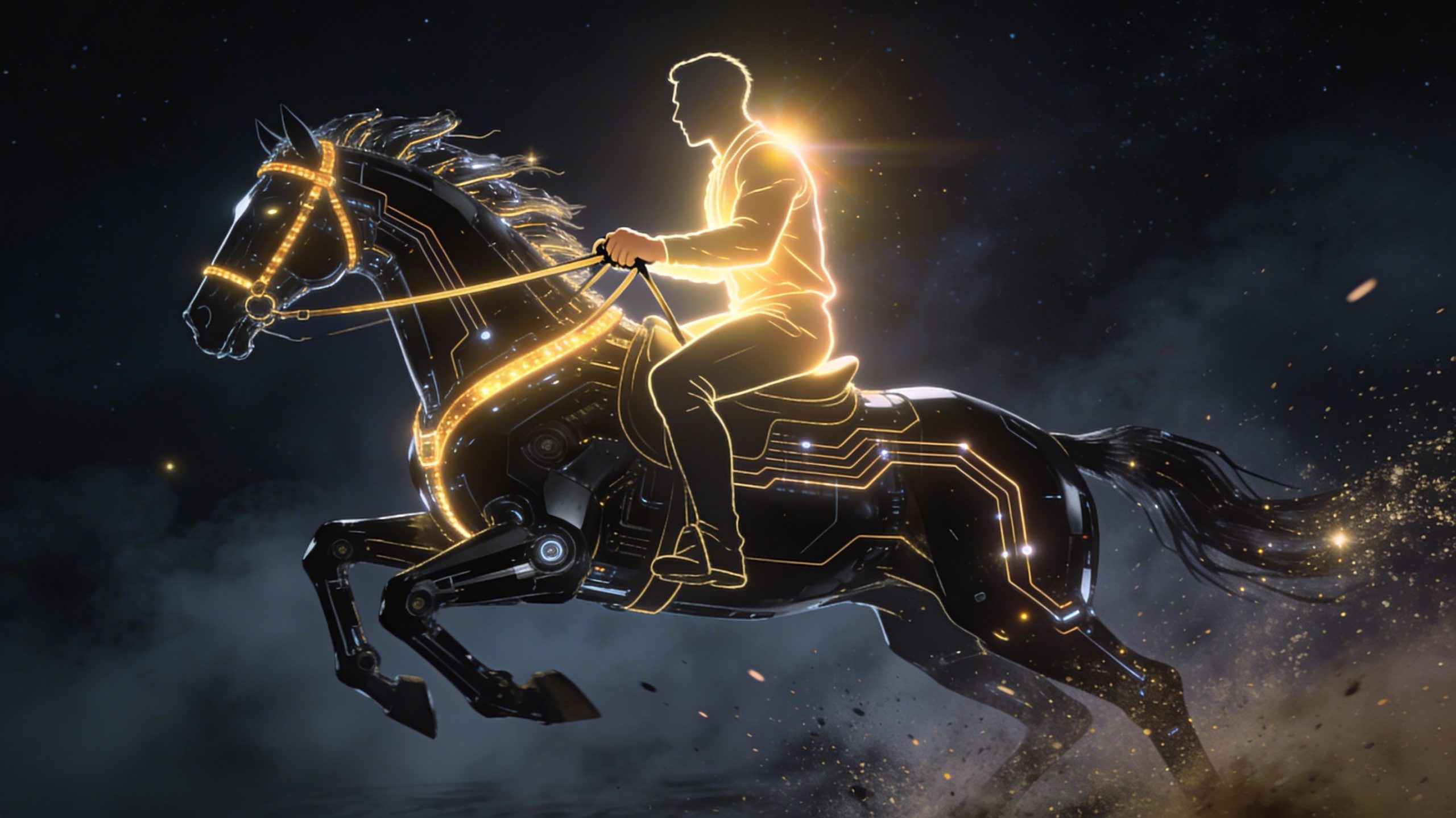 Cavalier humain dominant cheval robot IA au galop : métaphore souveraineté cognitive Épiatech