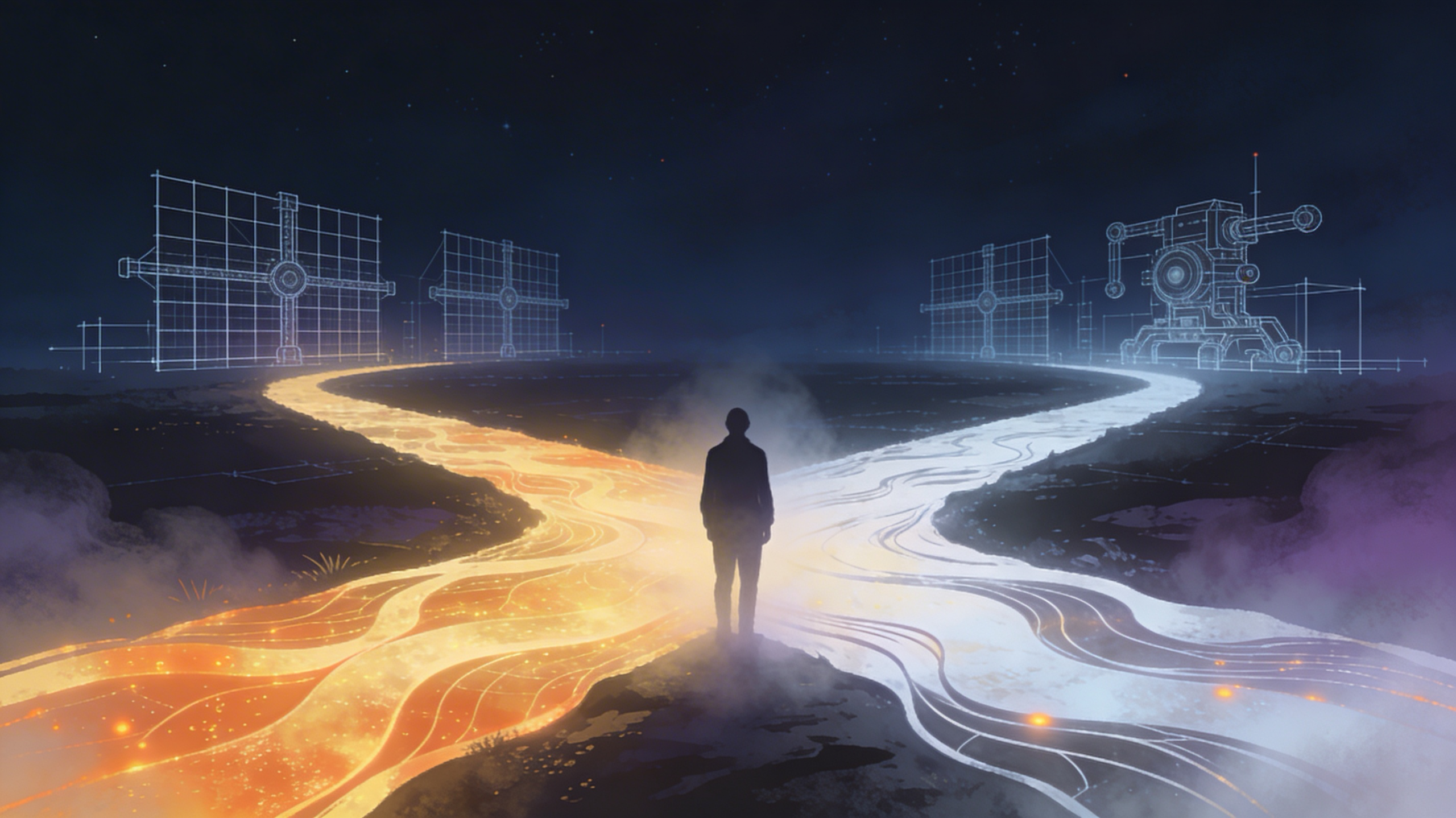 Solopreneur au carrefour : chemin mécanique rigide vs chemin organique aligné identité, nuit étoilée