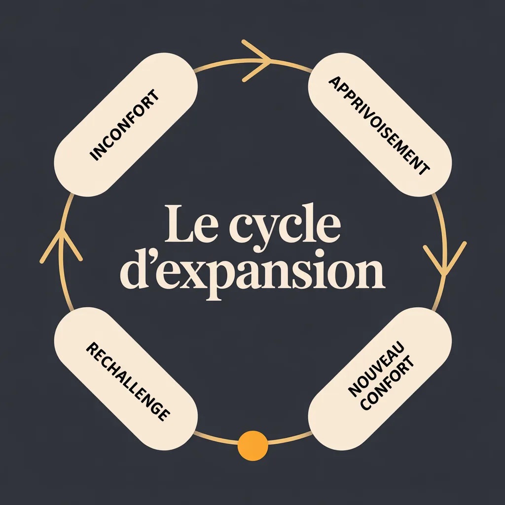 Le cycle d'expansion : inconfort, apprivoisement, nouveau confort, rechallenge — schéma pour entrepreneur