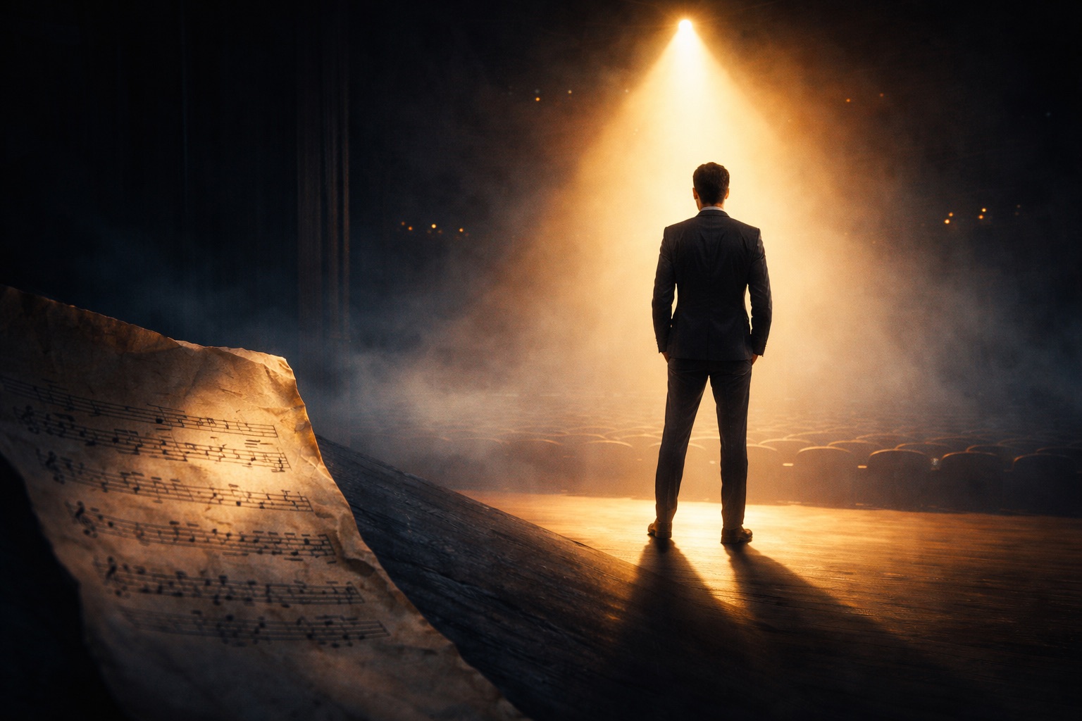 Partition musicale cachée sur scène théâtre, silhouette entrepreneur sous spot lumière or - métaphore harmonie business