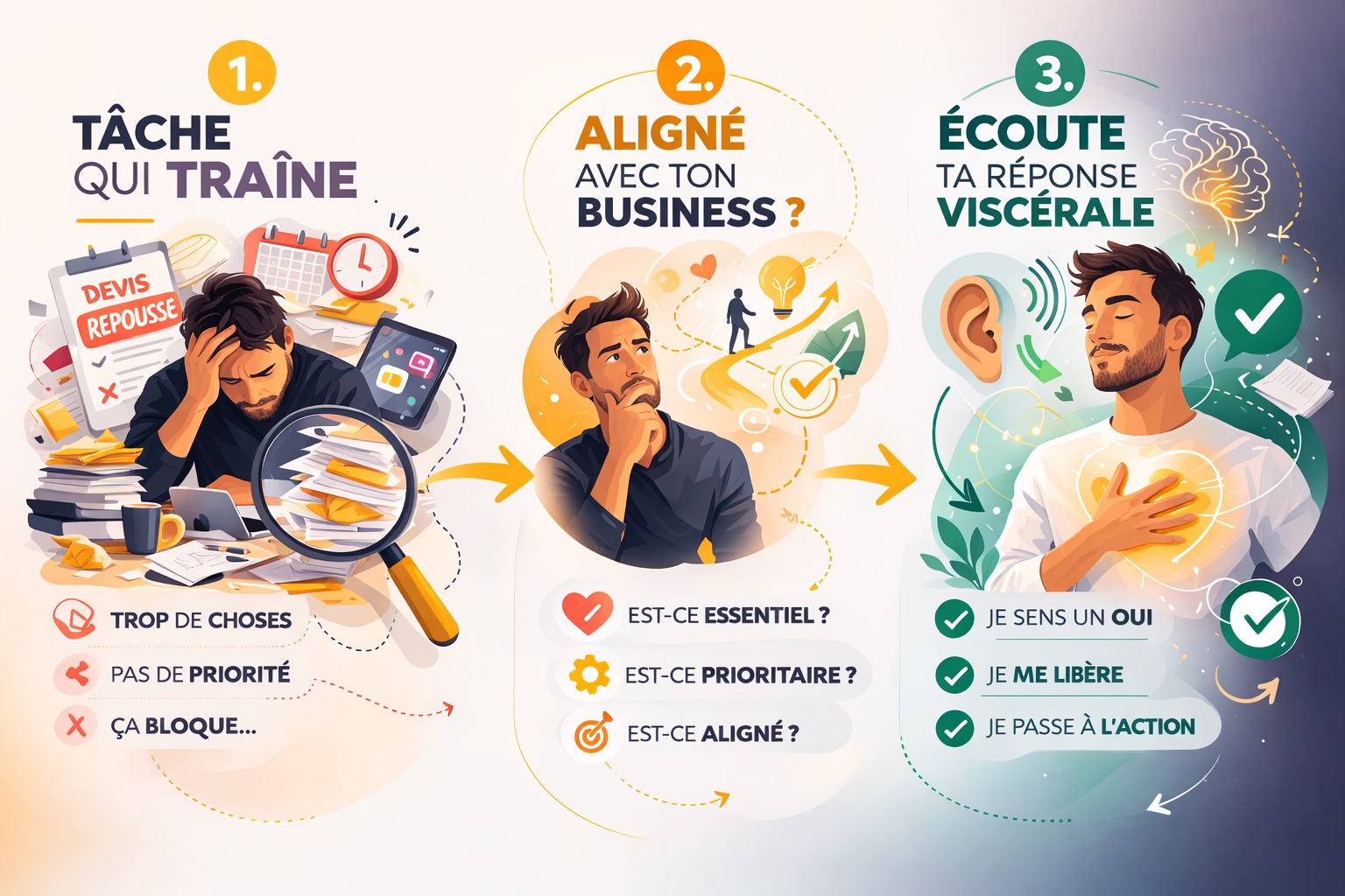 3 étapes surcharge mentale solopreneur : tâche qui traîne, question alignement, écoute viscérale
