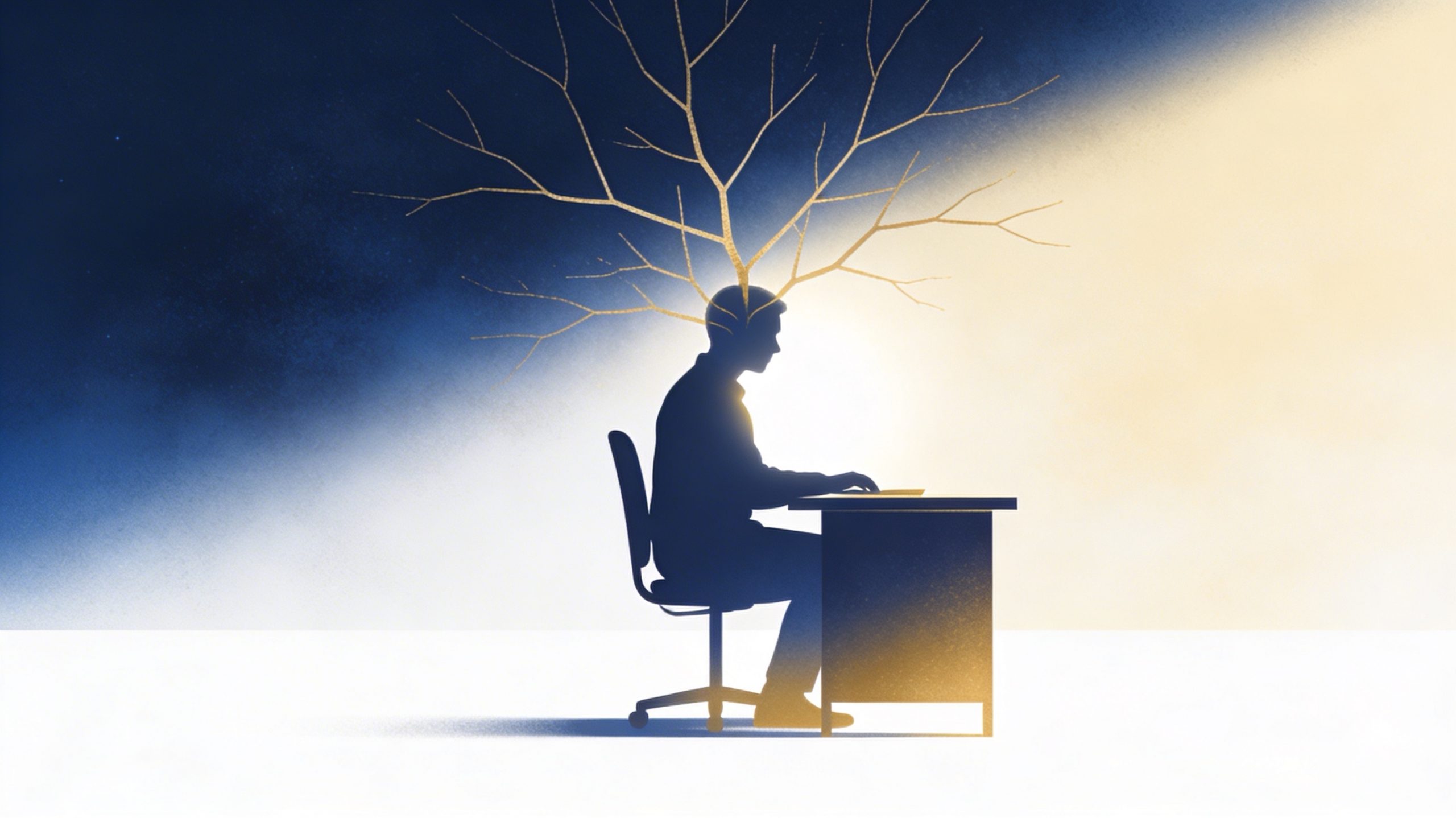 Entrepreneur en réflexion avec arborescence mentale subtile - neurodivergence comme force business