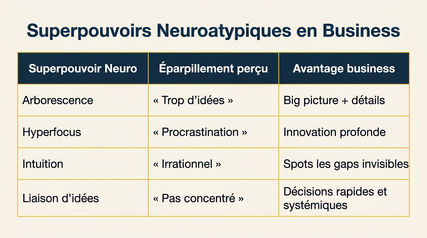 Superpouvoirs neuro - éparpillement perçu vs avantage business solopreneur - tableau synthèse